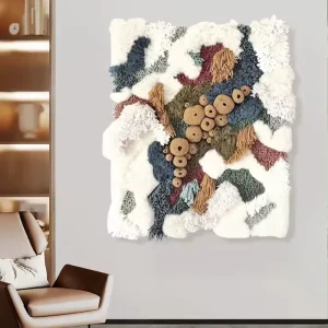 Large Textural Woven Tapestry Wall Hanging Natural Handmade Woven Wall Art Decor Textured Fiber Art with Fringe and Tassels