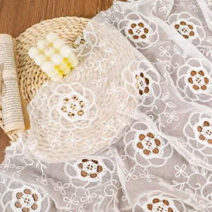 Laser Cut Hollow Rose Floral Chain Stitch Embroidery Knitted Polyester Mesh Fabric Sheer Tulle Lace for Evening Gown