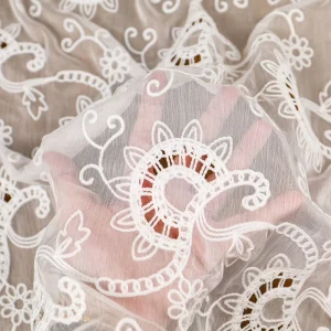 Laser Cut Hollow Spiral Sunflower Chain Stitch Embroidery Mesh Fabric Milk Silk Sheer Tulle Lace for Evening