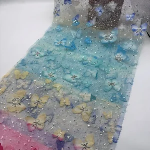 Latest Design Gradient Color 3D Butterfly Embroidered with Shiny Beaded Tulle Lace Fabric for Dreamy Wedding Decoration