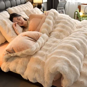 Latest Design Luxury Printed Multicolor Rabbit Plush Comfortable Skin-Friendly 4 Pieces Warm Knitted 300tc Bedding Quilts Sets
