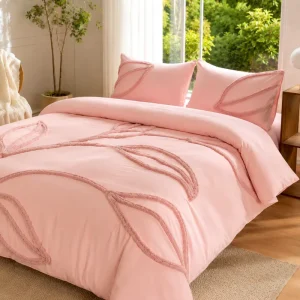 Leaf Tufted Duvet Cover Set Soft Blush Bedding Set with Pillow Shams Hidden Zipper Insert Not Included
