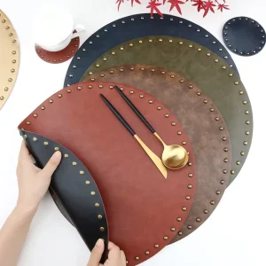 Leather Anti-hot Meal Mat Rivet Mat Waterproof Oil Proof Vintage Leather Placemat for Restaurant Hotel