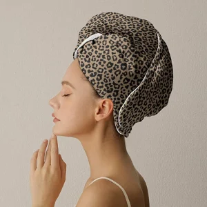 Leopard Print Embroidered Microfiber Hair Towel Wrap Soft Absorbent Hair Turban Quick Dry Antimicrobial Head Cap for Bathroom