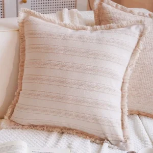 Light Beige Striped Fringe Cushion Cover Casual Neutral Throw Pillows Tassel Trim Cushion Covers for Farmhouse Boho Home Decor