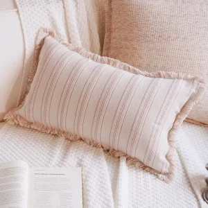 Light Beige Striped Fringe Lumbar Cushion Cover Neutral Throw Pillows Tassel Trim Cushion Covers for Farmhouse Boho Home Decor