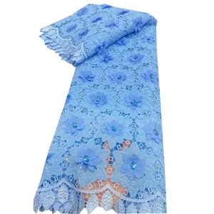 Light Blue 3D Chiffon Flower Stone Lace Fabric Hollow Mesh Embroidered Lace With Rhinestones Bridal Wedding Party Lace Material