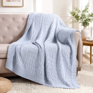 Light Blue Cable Knit Throw Blanket for Sofa Bed with Soft Textured Diamond Weave for Decorative Modern Knitted Couch Blankets