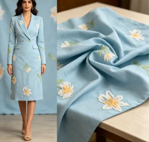 Light Blue Cotton Blend Woven Fabric White Orange Daisy Sequins Embroidery Breathable Wedding Middle Eastern Abayas Modest Wear