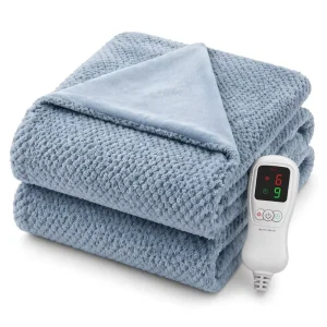 Light Blue Flannel Sherpa Heated Blanket 50×60 Inch Digital Control Safe Warm Factory