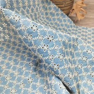 Light Blue White Geometric Eyelet Embroidery Fabric Hollow Out Small Floral Cutwork Denim Cotton Fabric for Summer Dress