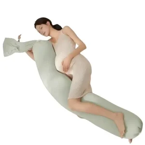Light Green Cotton Full Body Maternity Pillow Ergonomically Shaped to Cradle Pregnant Women Body for Relaxing Rest