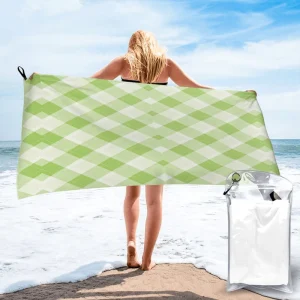 Light Green & White Argyle Modern Polyester Microfiber Beach Towel Quick Dry Lightweight with Storage Bag for Beach Camping