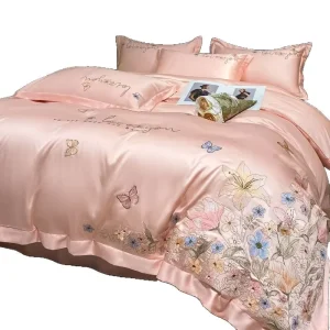 Light Luxury 4 Piece Bedding Set Chemical Fiber Silky Soft Breathable Embroidery Reactive Print 300tc