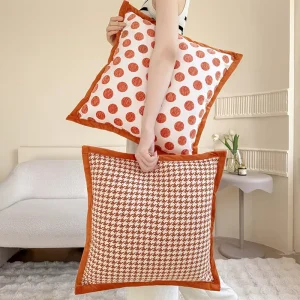 Light Luxury High End Orange Houndstooth Square Throw Pillow for Sofa Living Room Bed Backrest Headboard Plush