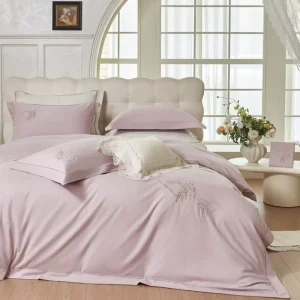 Light Purple Flat Sheet Duvet Cover Pillowcase 4PCS Floral Pattern Set Brushed Finish Long Staple Cotton Bedding Set