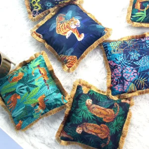 Light luxury Polyester Square Throw Pillow Tropical Animal Plant Motifs Golden Tassels Ice silk Print Home Decorative Cushion