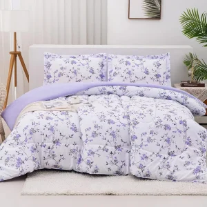 Lightweight Purple Lavender Botanical Printed Fluffy Quilted Reversible Comforter Pillow Sham Comforter Sets Bedding