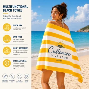 Lightweight Quick Dry Absorbent Women Microfiber Beach Towel Custom extra Large Printed logo Yellow Striped Beach Bath Towel