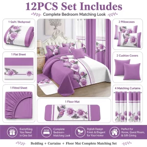 Liliana Collection 12 Piece Quilted Bedspread Set Comforter with Matching Curtains Room in a Bag Bedsheet Set
