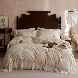Linen Cotton Solid Simple 200TC Breathable Machine Washable Pink Lace Edge Quilt Cover Flat Fitted Bed Sheets Bedding Set Home