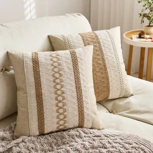 Linen Crochet Striped Throw Pillow Customizable for Combination Sofa Boho Hollow Woven Decor Square Cushion