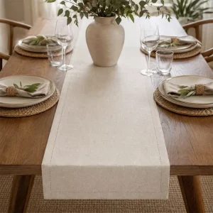Linen Hemstitch Table Runner Hollow Stitched Edge Farmhouse Solid Color Long Table Runner for Dining Wedding Home Kitchen Decor