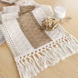 Linen Tablestant Bed Foot Towel Color Blocked Knotted Tassel Living Room TV Cabinet Coffee Table Long Tablecloth Table Runner