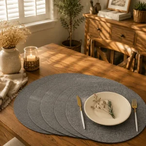 Linen Texture PU Leather Round Placemat 38x38cm Grey Contemporary Waterproof Heat Resistant Non Slip Home Dining Room Decor