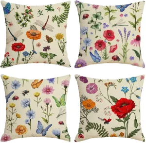 Linen Throw Pillow Covers 18×18 Eco friendly Classic Farmhouse Floral Design Cushion Cases