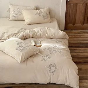 Literary Style Cotton Embroidery Solid Color Bedding Set Fresh Breathable Bed Sheets