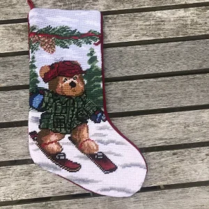 Little Bear Skiing Formal Cashmere Knit Stockings Kids Needlepoint Christmas Stocking Velvet for Gifts