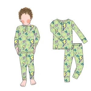 Little Glow Kid Long Sleeve and Pants Two piece Pajamas Spring Autumn 2pc Set with Buttons Kids Pajamas