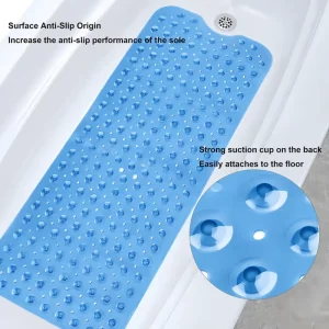 Long PVC Anti slip Mat with Hollow Bumps Drainage Holes and Suction Cups Works for Bathtubs Showers and bathroom