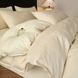 Long Staple Cotton Jacquard Bedding Set 4 Piece Tone on Tone Rose Bow Embossed Duvet Cover Set