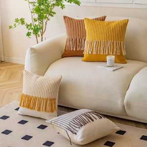 Long Tassel Square Polyester Solid Color Throw Pillow Cushion Cover for Office Car Sofa Bedside
