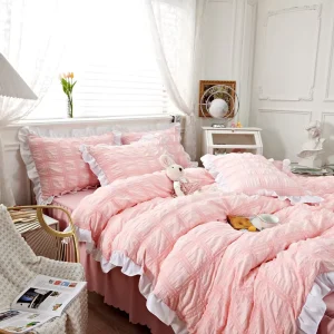 Love Soars Princess Bedding Four Piece Set Synthetic Fiber Solid Color Reactive Dyeing Bubble Spun Washed Bed Skirt 150 180 Bed