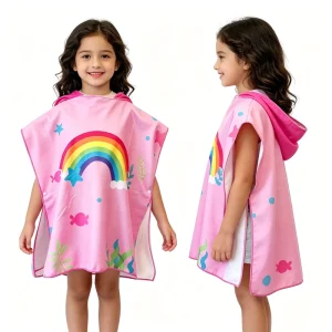 Low MOQ High Quality Quick Dry Kids Hooded Poncho Towel Beach Surfing Swimming Children Cartoon Hooded Printed Beach Towels