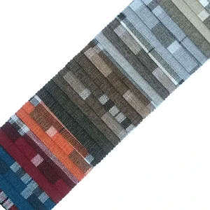 Low MOQ Medium Weight Linen Look Polyester Yarn Dyed Woven Sofa Set Fabric for Living Room Bag Plaid Pattern Waterproof Flame