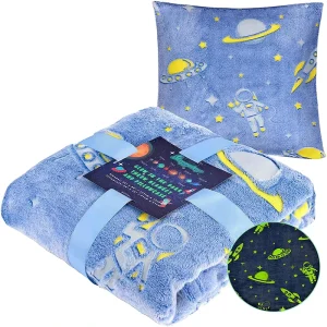 Luminous Throw Blanket With Pillow Custom Unicorn Dinosaur Stars Pattern Magic Glow in the Dark Blanket for Kids