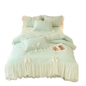 Luxurious Designer Green Lace Trim Bedding Set Modern Printed Duvet Cover Bed Sheet and Pillowcase Woven Technique
