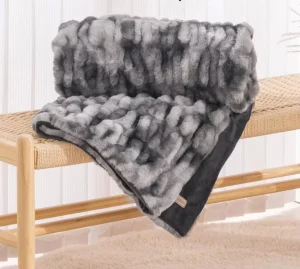 Luxurious Soft Faux Rabbit Fur Throw Blanket for Couch Bed Sofa Chair Ruched Bubble Fluffy Blanket with Reversible Velvet