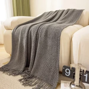 Luxurious Soft Knit Throw Blanket Fringed Edge Warm Cozy All Purpose for Sofa Bed Decor Modern Minimalist Style