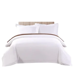 Luxury 100% Cotton Satin 300tc Stripe White Embroidered Custom Logo Anti Pilling Hotel Bedding Sets