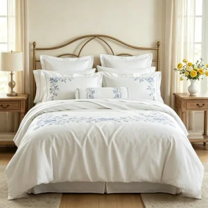 Luxury 100% Cotton Vine Embroidery Hotel Bedding Set 60s 80s White Sateen Bed Linen for Wedding & Presidential Suite