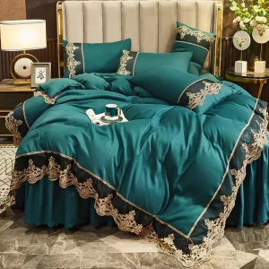 Luxury 100% Polyester Lace Edge Vintage Solid Korean Princess Style 4 Piece Wedding Home Bedding Set 600TC Thread Count