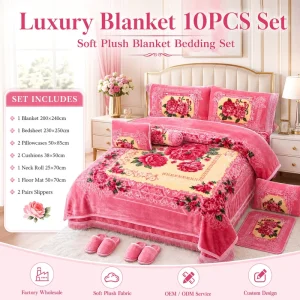 Luxury 10PCS Raschel Blanket Bedding Set King Size Soft Plush Floral Winter Blanket Set