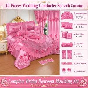 Luxury 12 Pieces Wedding Quilted Bedspread Set with Curtains and Slippers Bridal Bedroom Set