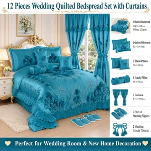 Luxury 12 Pieces Wedding Quilted Bedspread Set with Curtains and Slippers Ready Stock Bridal Bedroom Set