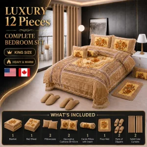 Luxury 12PCS King Size Raschel Blanket Set with Matching Curtains Super Soft Winter Bedding Set